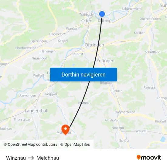 Winznau to Melchnau map