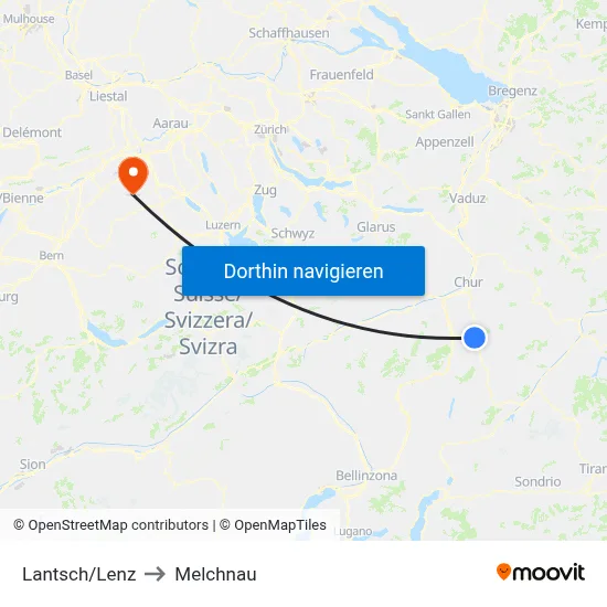 Lantsch/Lenz to Melchnau map
