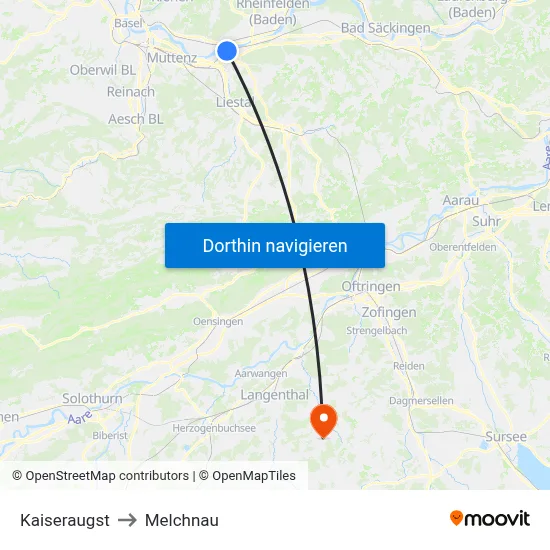 Kaiseraugst to Melchnau map
