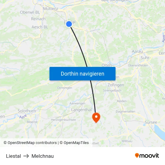 Liestal to Melchnau map