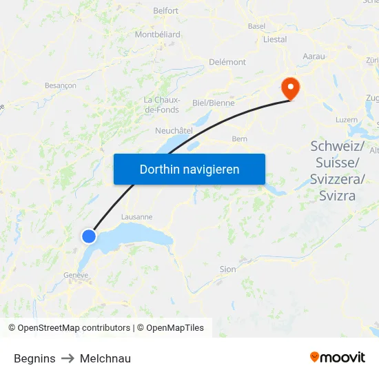 Begnins to Melchnau map