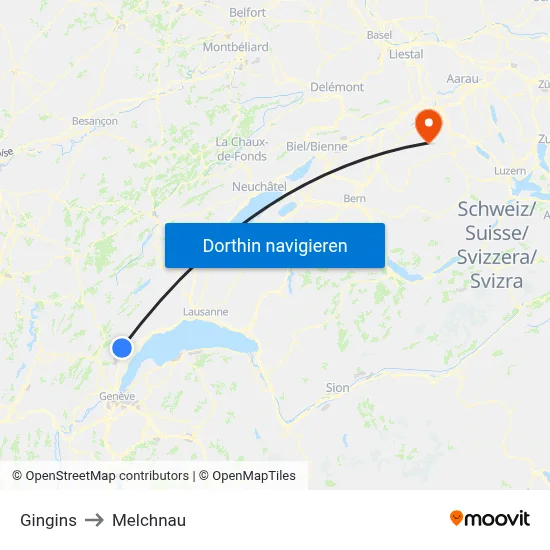Gingins to Melchnau map