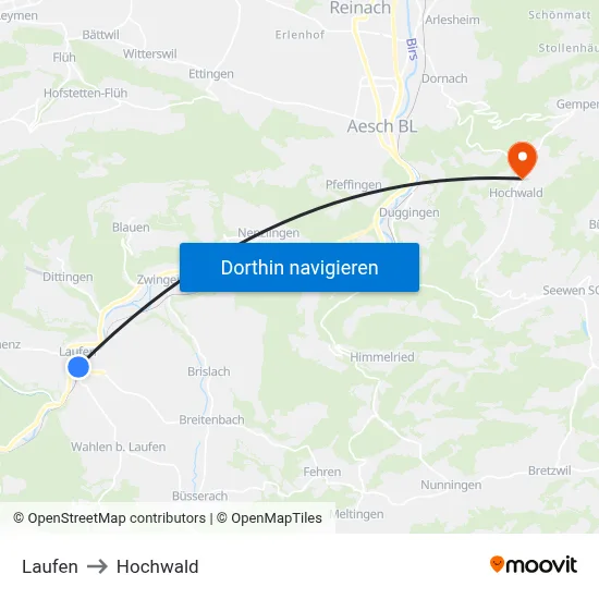 Laufen to Hochwald map