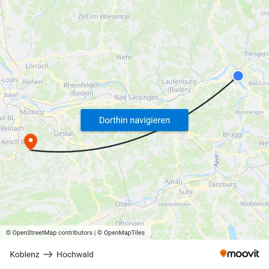 Koblenz to Hochwald map