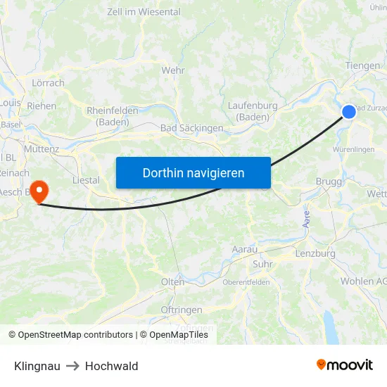 Klingnau to Hochwald map
