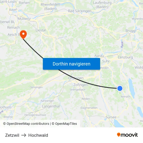 Zetzwil to Hochwald map