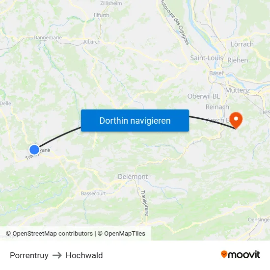 Porrentruy to Hochwald map