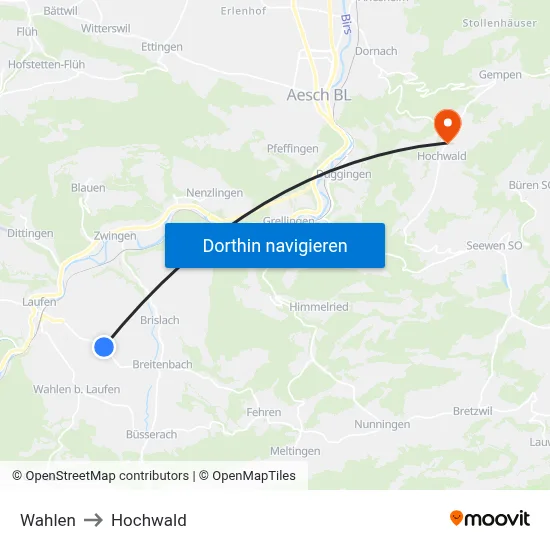 Wahlen to Hochwald map