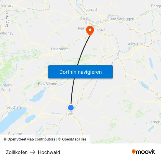 Zollikofen to Hochwald map