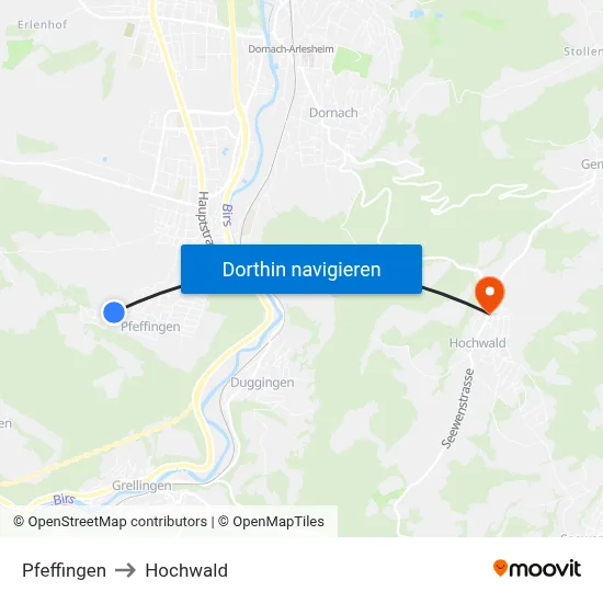 Pfeffingen to Hochwald map