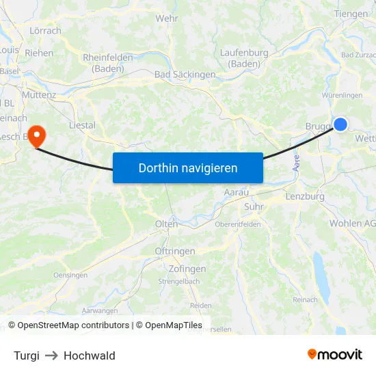 Turgi to Hochwald map