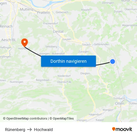 Rünenberg to Hochwald map