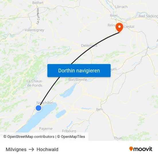 Milvignes to Hochwald map