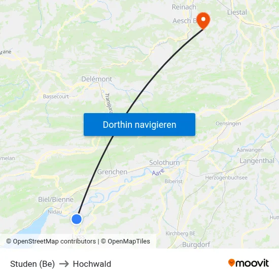Studen (Be) to Hochwald map