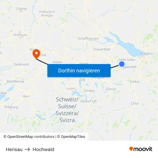 Herisau to Hochwald map