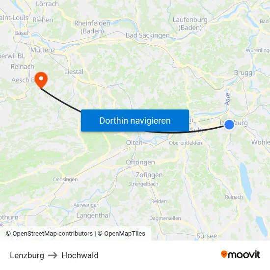 Lenzburg to Hochwald map