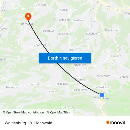 Waldenburg to Hochwald map