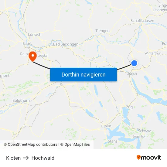Kloten to Hochwald map