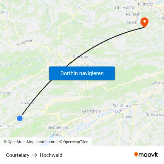 Courtelary to Hochwald map