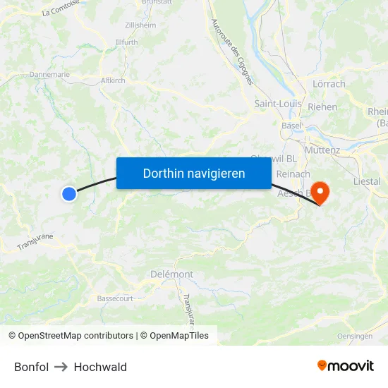 Bonfol to Hochwald map