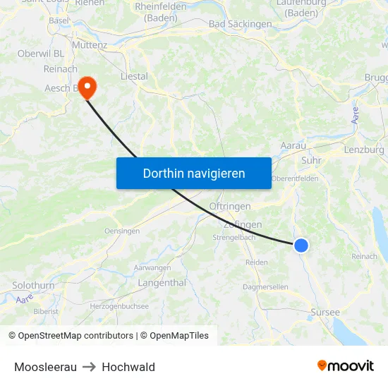 Moosleerau to Hochwald map