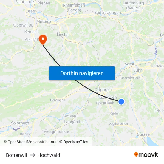 Bottenwil to Hochwald map