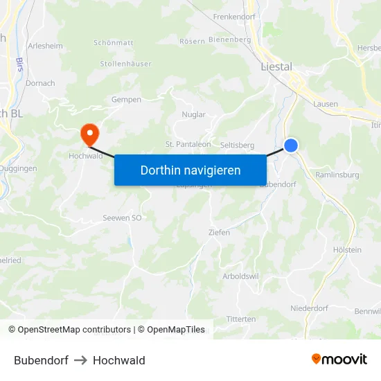 Bubendorf to Hochwald map