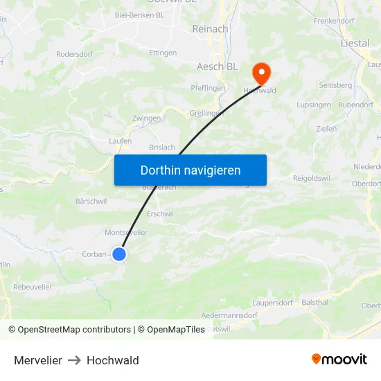 Mervelier to Hochwald map