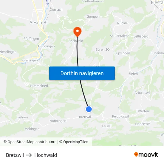 Bretzwil to Hochwald map