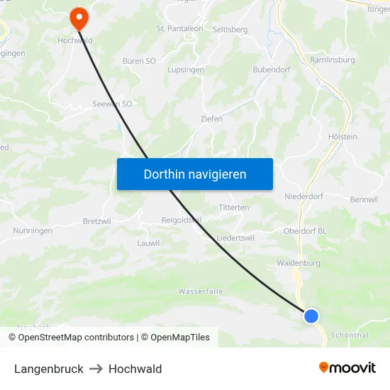 Langenbruck to Hochwald map