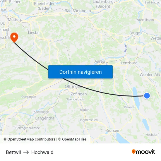 Bettwil to Hochwald map