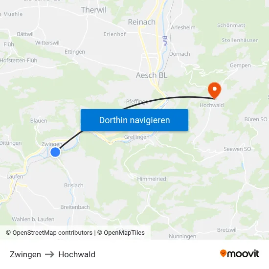 Zwingen to Hochwald map