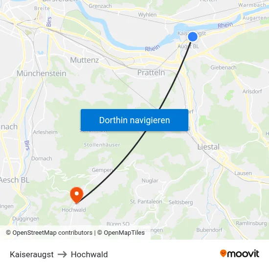 Kaiseraugst to Hochwald map