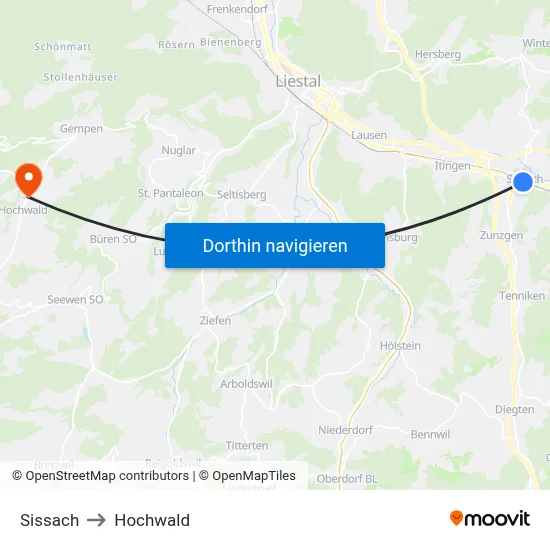 Sissach to Hochwald map