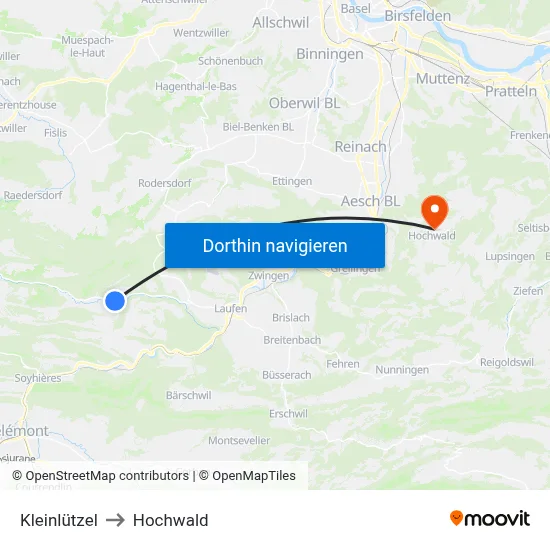 Kleinlützel to Hochwald map