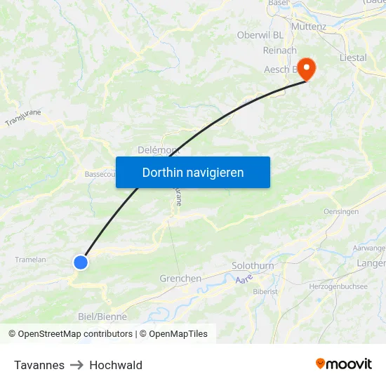 Tavannes to Hochwald map