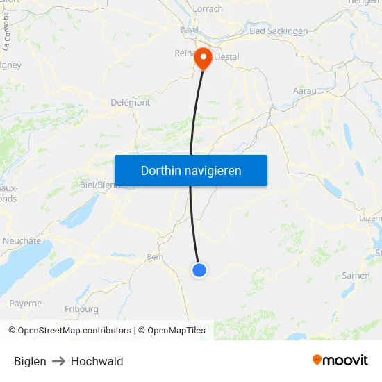 Biglen to Hochwald map