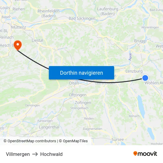 Villmergen to Hochwald map