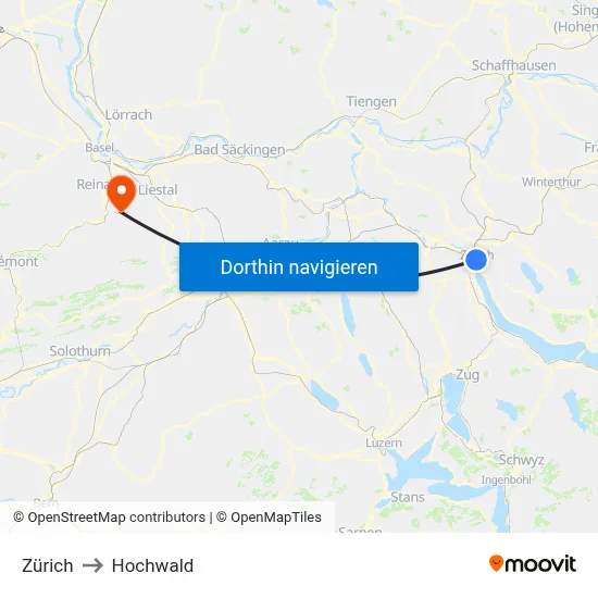 Zürich to Hochwald map