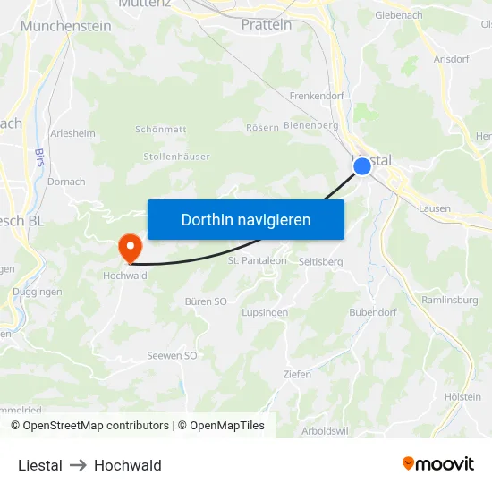 Liestal to Hochwald map