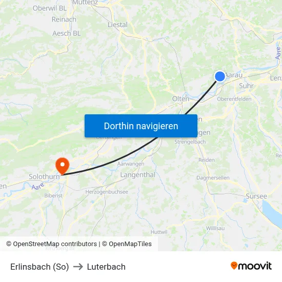 Erlinsbach (So) to Luterbach map
