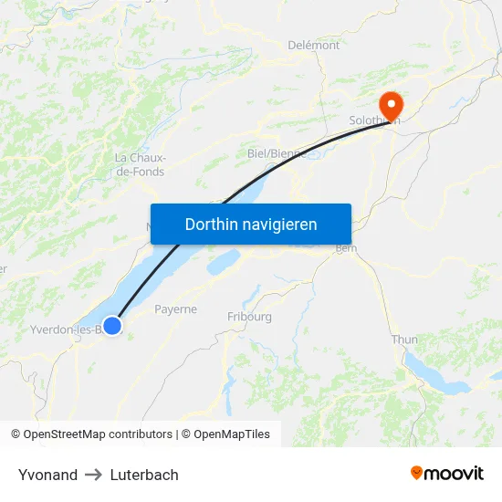 Yvonand to Luterbach map