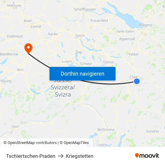 Tschiertschen-Praden to Kriegstetten map