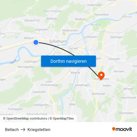 Bellach to Kriegstetten map