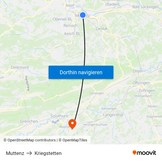 Muttenz to Kriegstetten map