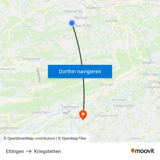 Ettingen to Kriegstetten map