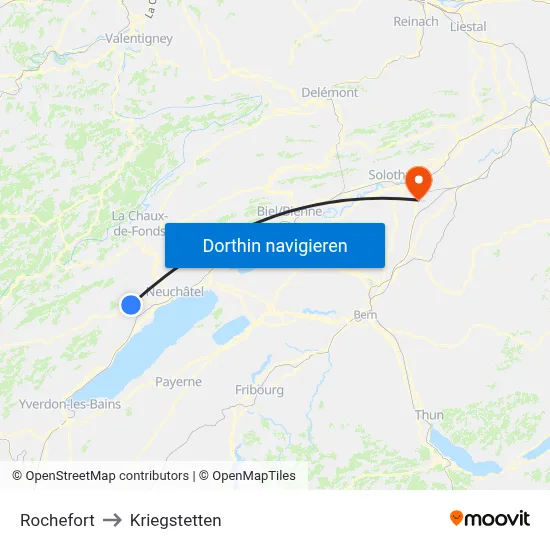 Rochefort to Kriegstetten map