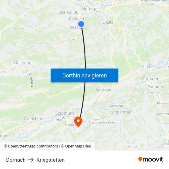 Dornach to Kriegstetten map