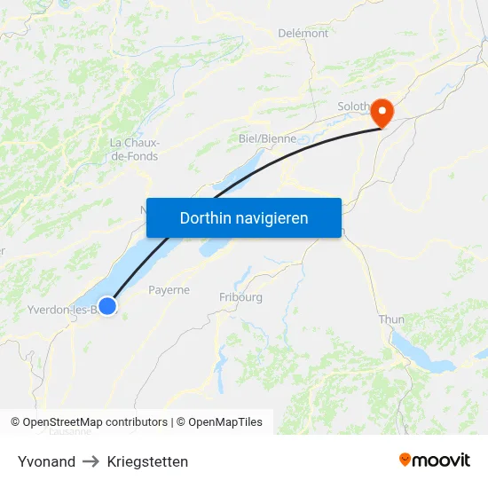 Yvonand to Kriegstetten map
