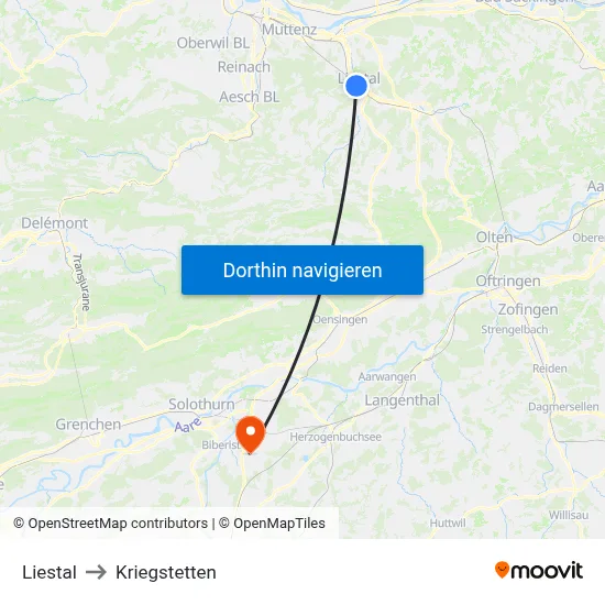 Liestal to Kriegstetten map